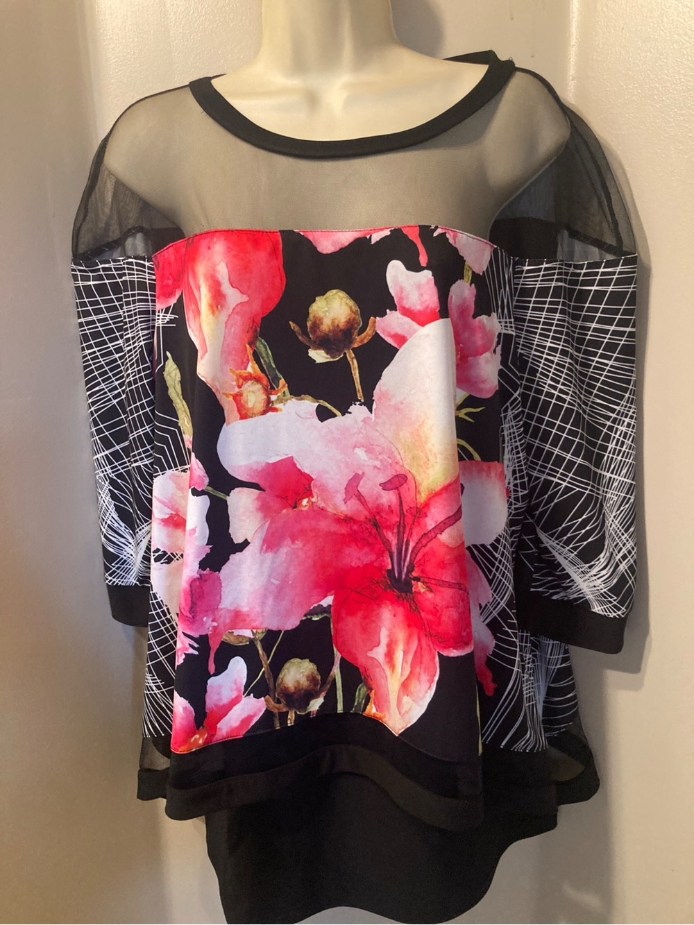 Joseph Ribkoff Black Top with Pink Floral Front and Mesh Yoke - Picture 2 of 2